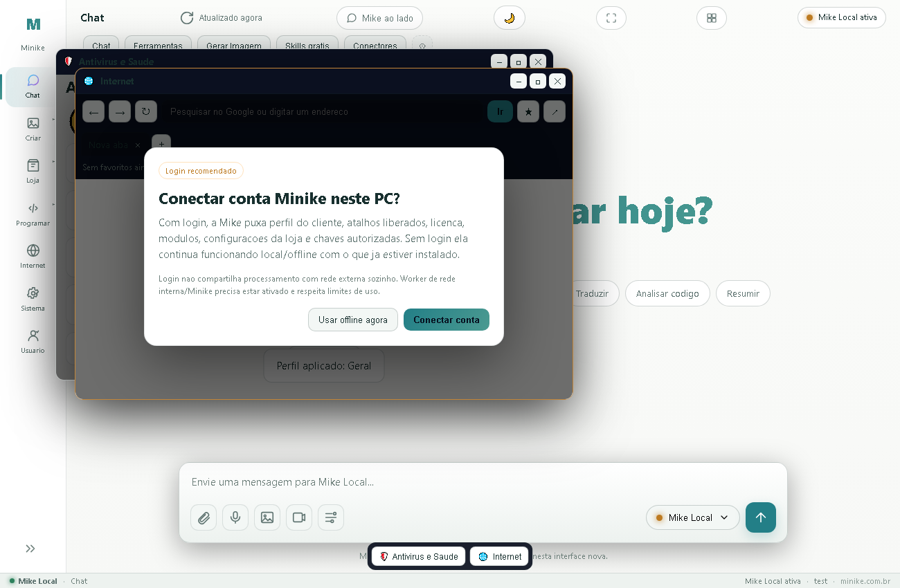 Mike Local com janelas internas de Chat, Internet e Saúde do PC